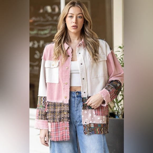 V1. ❤️NEW Pink Corduroy Patchwork Shacket/Jacket Blue Velvet New Item LAST ONE - Picture 3 of 3